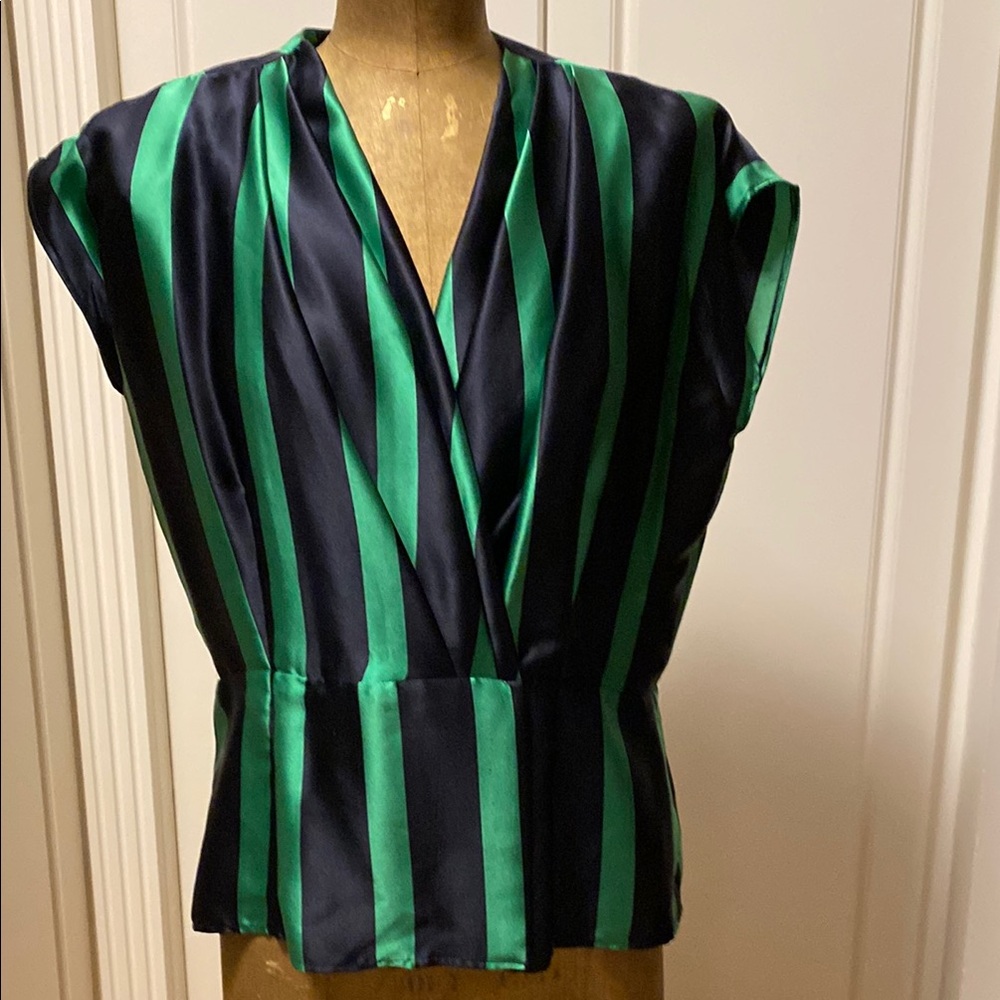 Anne Klein Green and Black Cap Sleeve Wrap Blouse